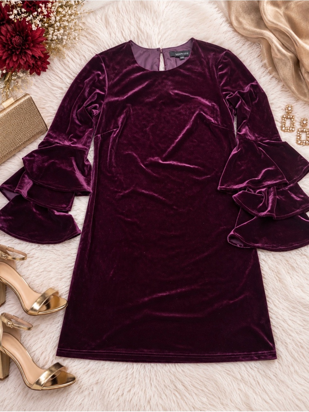 Velvet Ruffle Sleeve Dress - Plum